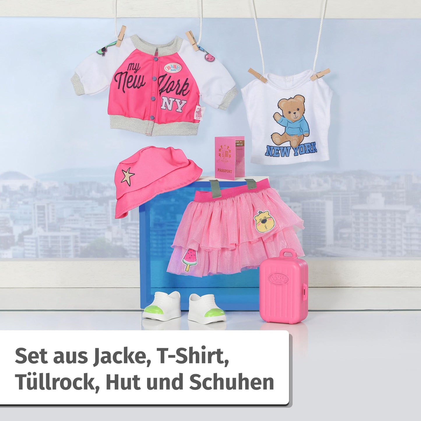 BABY born Deluxe Travel Outfit with doll dress, hat, shoes, passport, and suitcase for 43cm dolls, 836316 Zapf Creation.