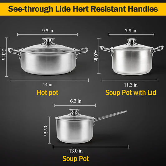 Wodillo Stainless Steel Cookware Set, 6-piece pot set with glass lids and cool-touch handles, suitable for all stovetops & oven safe, non-coated cookware set (Silver)