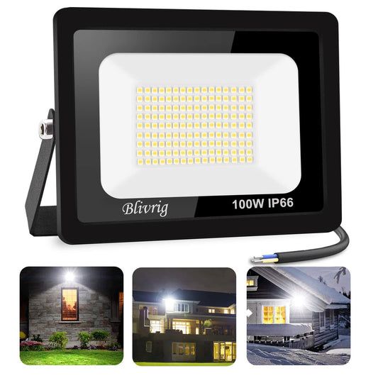 100W LED Floodlight Outdoor Cold White 6500K, 10000LM Super Bright Exterior Spotlight, IP66 Waterproof Floodlight, Outdoor Lamp for Gardens, Courtyards, Garage, Hotel