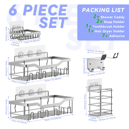 Rigors shower shelf without drilling, 6 pieces bathroom shelf with hairdryer holder and hooks, stainless steel shower caddy wall mounted, self-adhesive bathroom organizer for bath and kitchen Silver