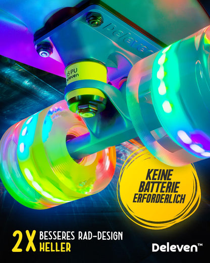 Deleven Skateboard with LED wheels, skate tool, and ABEC 7 bearings - for kids, adults, and beginners - 56 cm