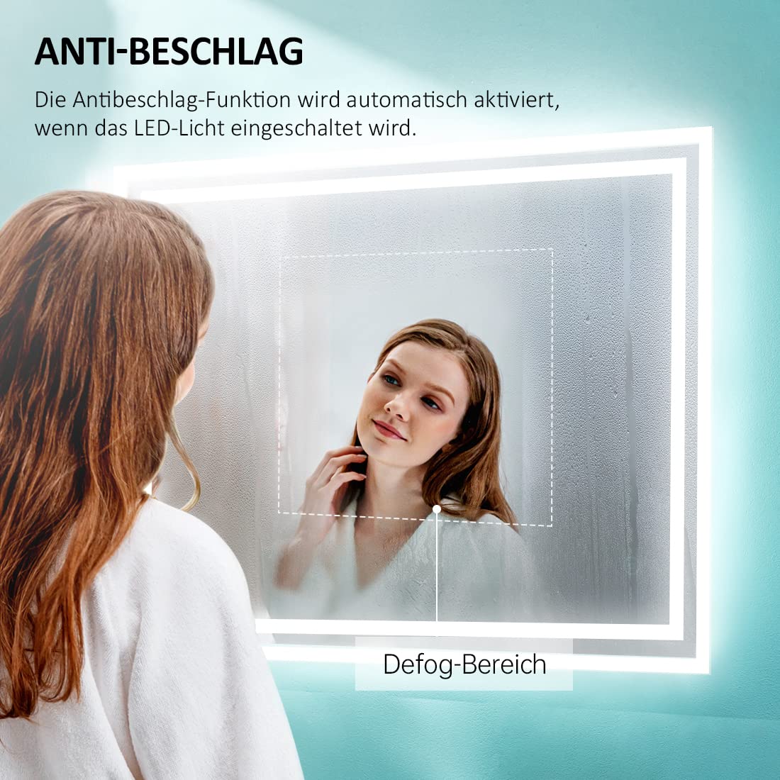EMKE LED bathroom mirror with lighting 80x60cm, equipped with a toggle switch and anti-fog feature. Choose between warm white and cool white light modes, and mount the energy-efficient mirror horizontally or vertically.