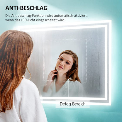 EMKE LED bathroom mirror with lighting 80x60cm, equipped with a toggle switch and anti-fog feature. Choose between warm white and cool white light modes, and mount the energy-efficient mirror horizontally or vertically.