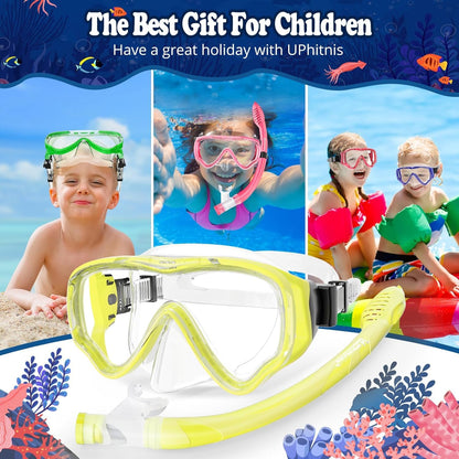 UPhitnis Kids Snorkel Set - Anti-Fog Dive Mask and Dry Snorkel - Leak-proof Dive Mask with Dry Snorkel - Snorkeling Gear for Boys Girls - Pink, Blue, Black, Yellow