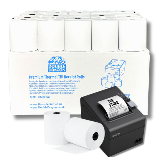 Double Dragon, 80 x 80 mm premium thermal paper receipt rolls for EPOS printers, POS terminals, cash registers [Pack of 20]
