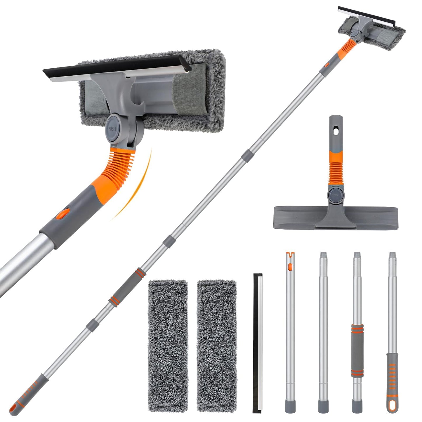 Window squeegee cleaner, 2-in-1 window cleaner cleaning set with extension pole, window washing tool with bendable head, glass cleaning tools for tall windows indoors and outdoors.