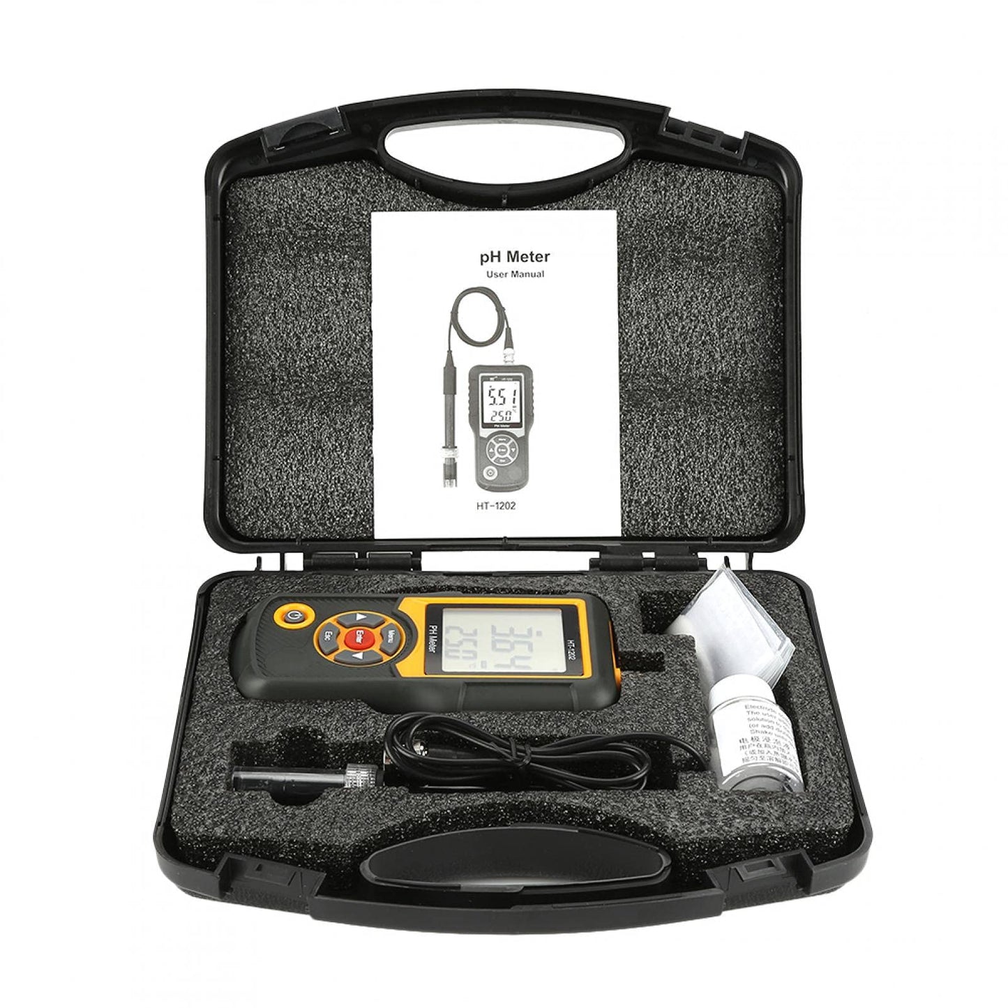 Digital PH meter HT-1202 0.05 pH High-precision water quality tester, PH mV tester temperature meter 0~14 PH with black housing for water sources, schools, laboratories, pharmacies.