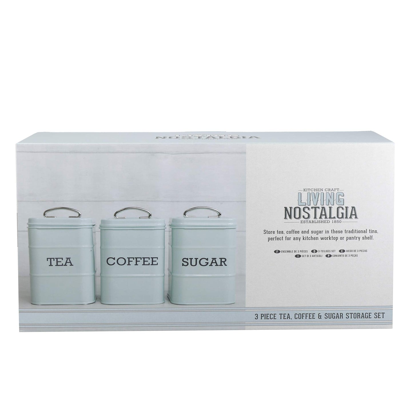 KitchenCraft Living Nostalgia Canisters for Tea, Coffee and Sugar in Gift Box, Steel, Vintage Blue, 3 Piece Set