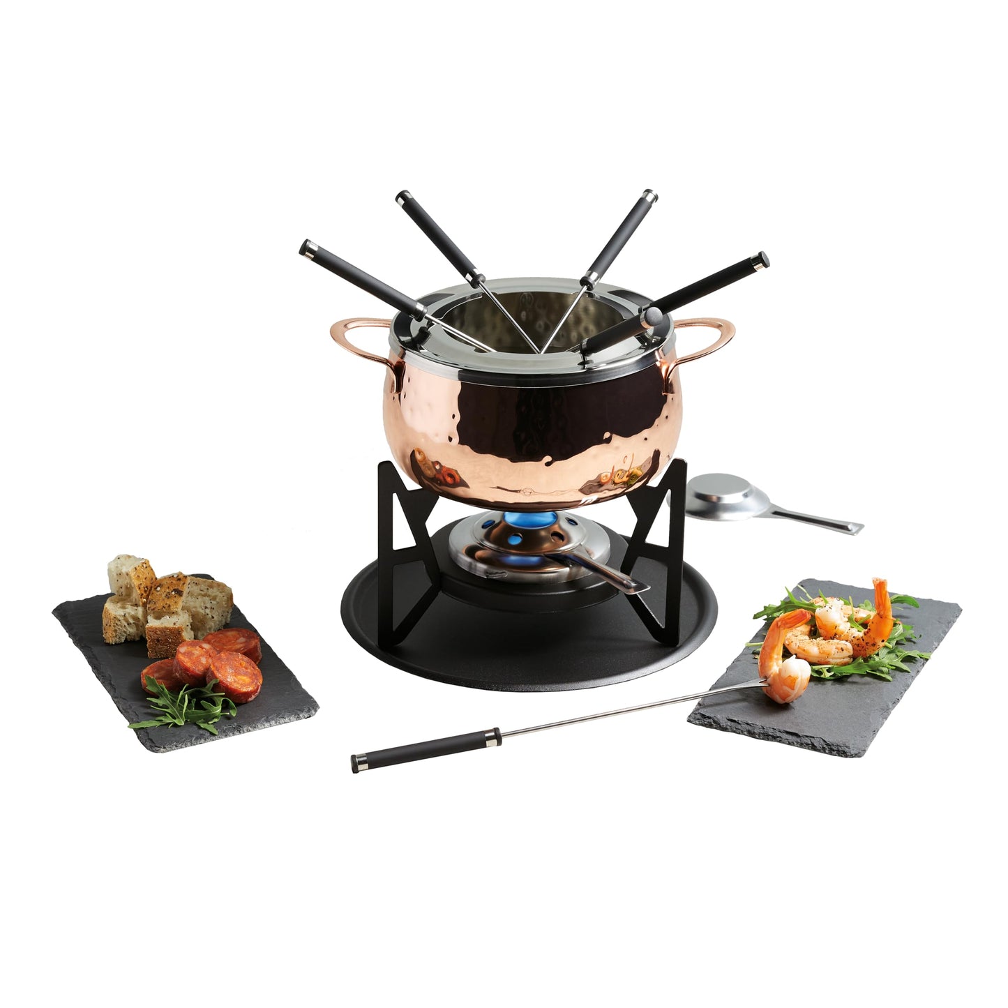 Artesà Fondue Set with 6 forks and stainless steel pot, ceramic bowl, metal stand and burner, for chocolate, cheese, or meat.