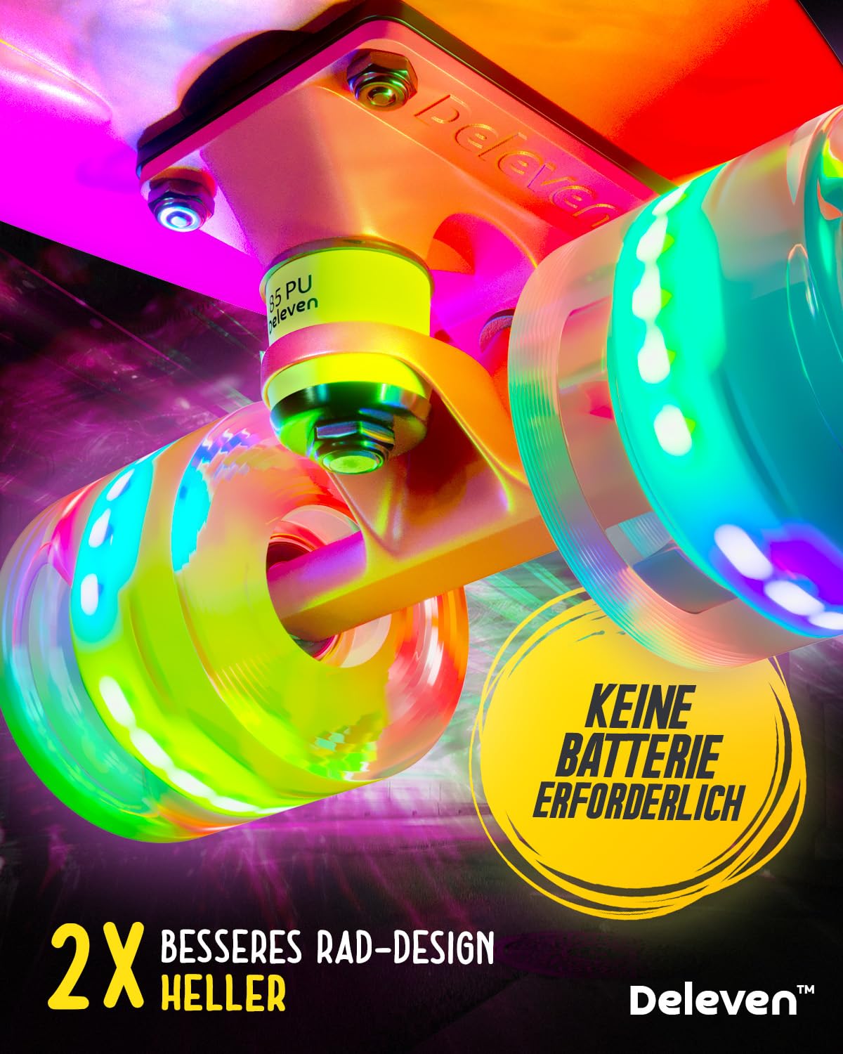 Deleven Skateboard with LED wheels, skate tool, and ABEC 7 bearings - for kids, adults, beginners - 56 cm.