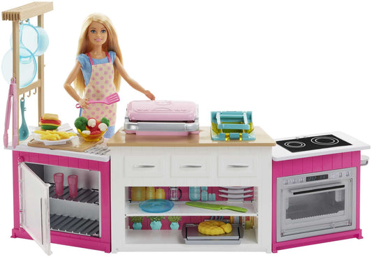 Barbie Ultimate Kitchen with 20 accessories, cooking and baking with light and sound effects, 5 dough colors, includes doll, perfect gift for kids, toy for ages 3 and up, GWY53.