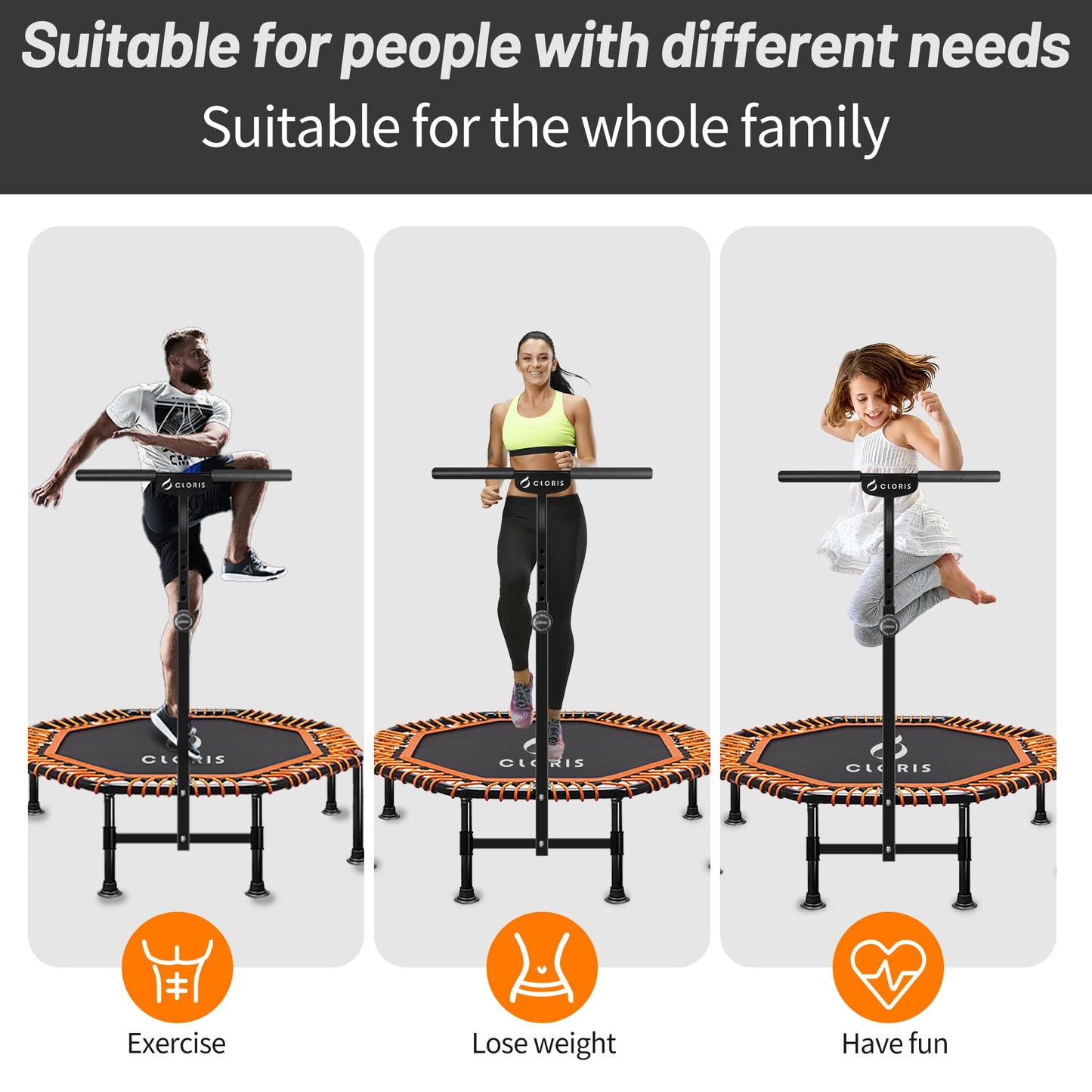 CLORIS 101.6 cm foldable fitness trampoline - maximum load 400lb, mini-rebounder with adjustable foam handle for kids and adults, indoor/outdoor, fitness, body exercise (Orange)