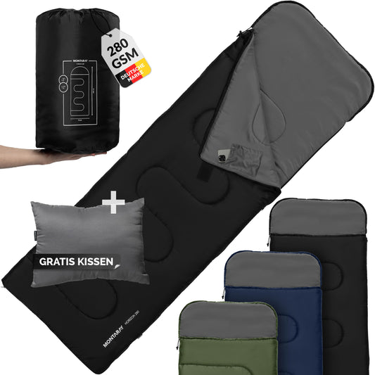 MONTARAY hooded sleeping bag rated down to -5°C with pillow included. Suitable for 3-4 seasons, this 280GSM sleeping bag is ideal for both winter and summer outdoor use. Designed for both men and women, it is warm and ultra-lightweight.