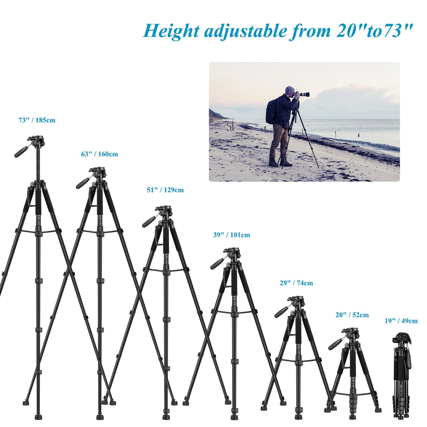 Victiv Camera Tripod with 52–160-185cm height, lightweight tripod with detachable 3-way head, aluminum camera stand for DSLR Canon Nikon Sony, tripod for smartphone with phone holder.