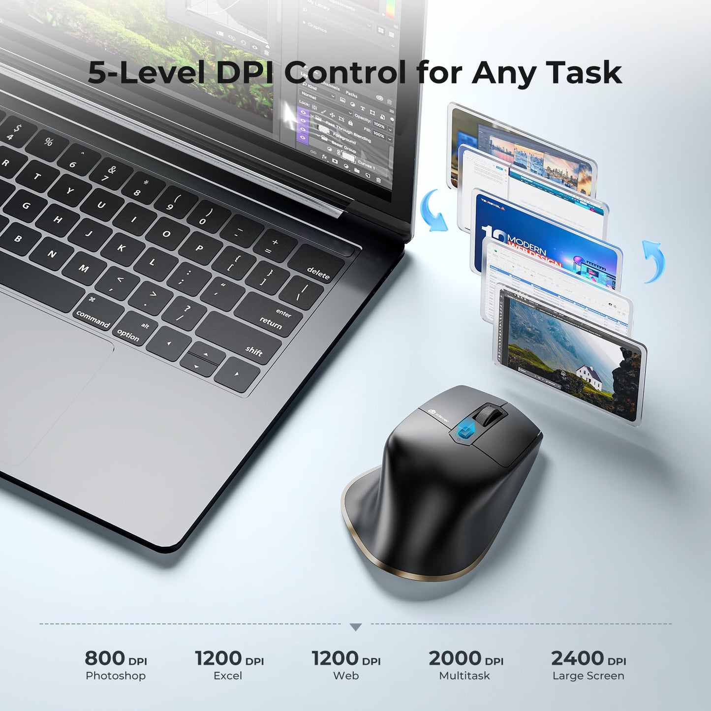 iClever Bluetooth Mouse, Rechargeable Ergonomic Wireless Mouse, Rechargeable Battery, Multi-Device, 800/1200/1600/2000/2400 DPI, 7 Buttons for PC/Laptop/Tablet/MacBook, Black