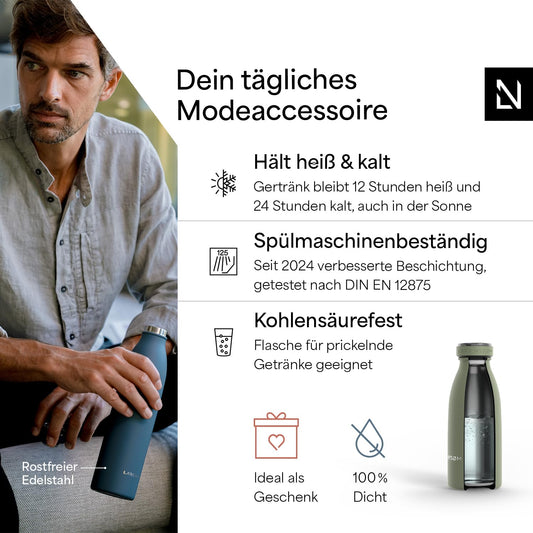 LARS NYSØM Stainless Steel Water Bottle 350ml, 500ml, 750ml, 1L, 1.5L | Insulated bottle suitable for carbonated drinks | Leak-proof water bottle for sports, outdoor, school (Sage Green, 350ml)
