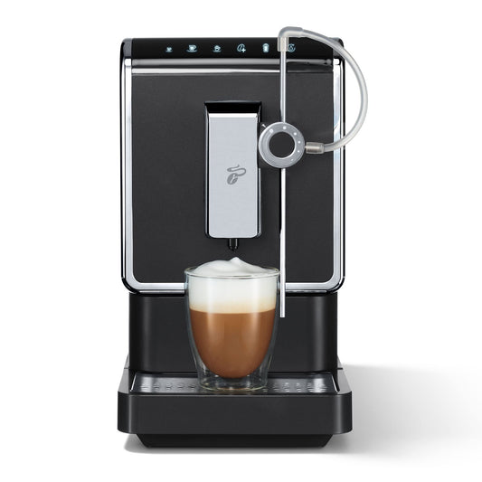 Tchibo coffee machine Esperto Pro with matching glass milk carafe, perfect for Caffè Crema, Espresso, and milk specialties, 600ml milk container, anthracite color.