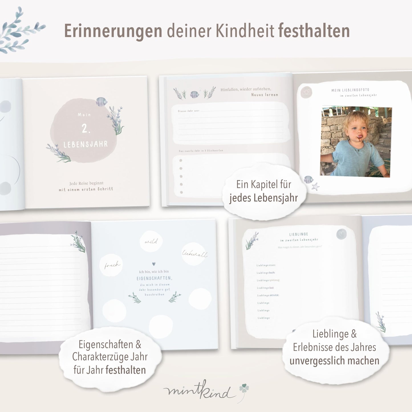mintkind® "My Childhood" Memory Album Whale Design + Sticker Set I Your First 10 Years I Photo Album Children's Gifts for Birth Baby Book for Recording Diary Children's Album Memory Book Child
