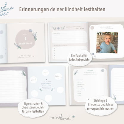 mintkind® "My Childhood" Memory Album Whale Design + Sticker Set I Your First 10 Years I Photo Album Children's Gifts for Birth Baby Book for Recording Diary Children's Album Memory Book Child