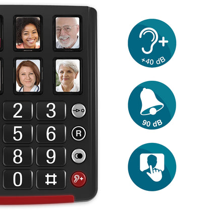 Amplicomms BigTel 40 Plus, corded large button telephone with six photo speed dial buttons, audio boost +40dB, extra loud ringtones, hearing aid compatible.