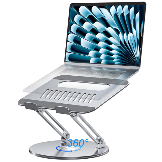 Height-adjustable, foldable laptop stand with ergonomic ventilation and 360° rotating base. Compatible with notebooks, MacBook Air/Pro, Dell, HP, and laptops ranging from 11-16".