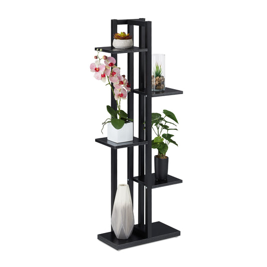 Relaxdays plant stand, flower shelf with 5 tiers, H x W x D 117 x 43 x 22 cm, steel and MDF, indoor flower rack, black