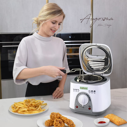 Augosma Mini Deep Fryer With Oil | 850-950W | Capacity: 1 Liter | Viewing Window | Stainless Steel Frying Basket | Adjustable Temperature | Heat Insulated | Non-Slip Rubber Feet | White