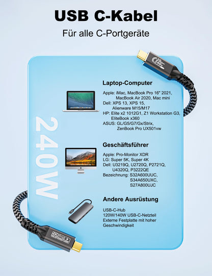 CAKOBLE USB C cable 2m, 240W USB C 3.2 Gen2 cable 20 Gbps charging cable, USB C monitor 4K@60Hz compatibility Thunderbolt 4 cable for iPhone 15, MacBook iPad Pro, Samsung S24/S22