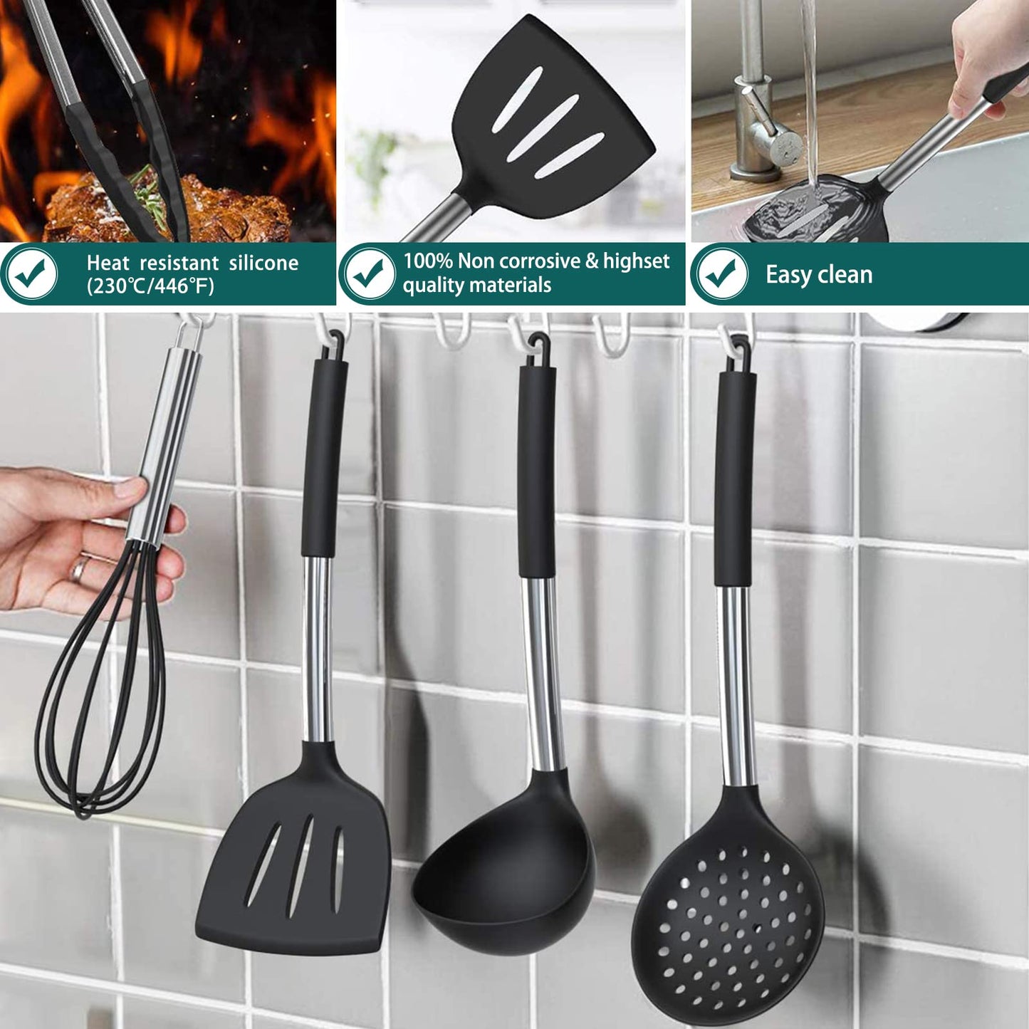 Umite Chef Kitchen Utensil Set, 15 pieces, silicone, heat resistant, non-stick, BPA-free, stainless steel handle, spatula, spoon, tongs, whisk, cookware