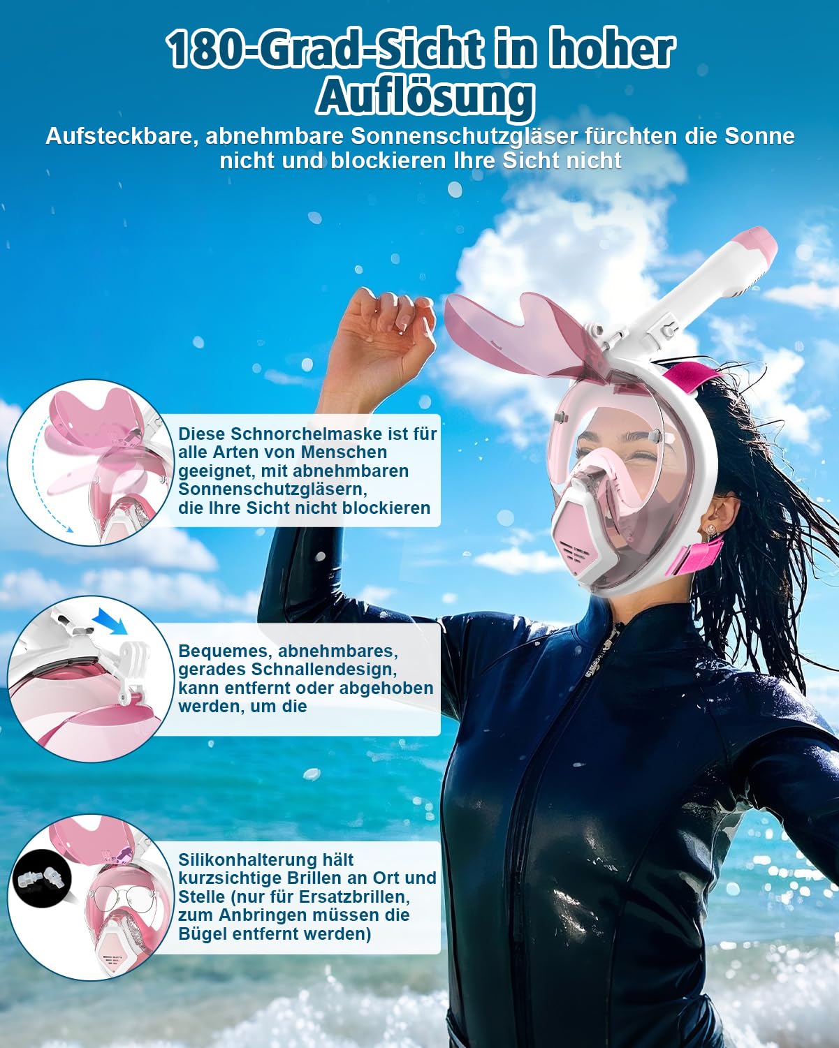 Adult snorkel mask, diving equipment for men with fish gill design. Compatible with sports cameras, foldable sunglasses, 180-degree view. Includes glasses holder. (M-Pink)
