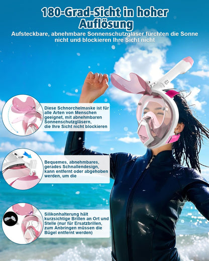 Adult snorkel mask, diving equipment for men with fish gill design. Compatible with sports cameras, foldable sunglasses, 180-degree view. Includes glasses holder. (M-Pink)
