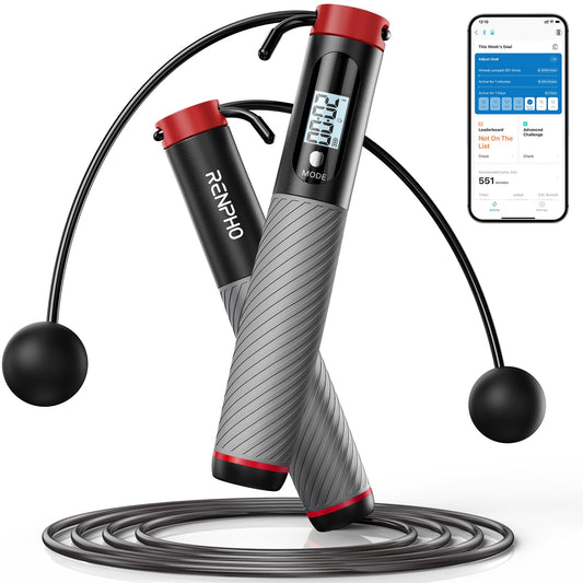 RENPHO Jump Rope with Counter, smart weighted jump rope for fitness training, adjustable rope for beginners and pros, with app data analysis for calorie burning.
