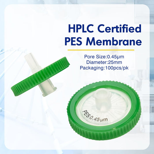 100 pieces of PES syringe filters 0.45 μm pore size, 25 mm membrane diameter, laboratory syringe filters, HPLC and GC syringe filters, green (barrel packed)