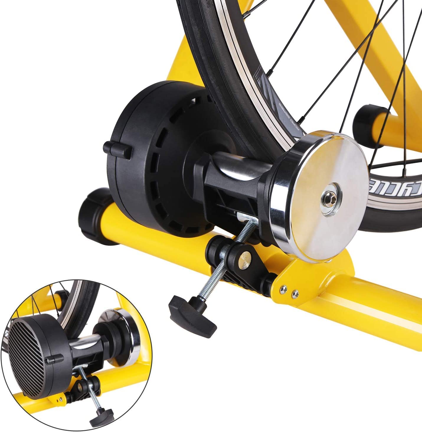 CXWXC Bike Rollentrainer, Foldable Steel Bike Trainer with Quick Release Front Wheel Stand Bicycle Trainer for 26-29 Inch Bike Training Cycling at Home Indoor (26-29, Yellow)