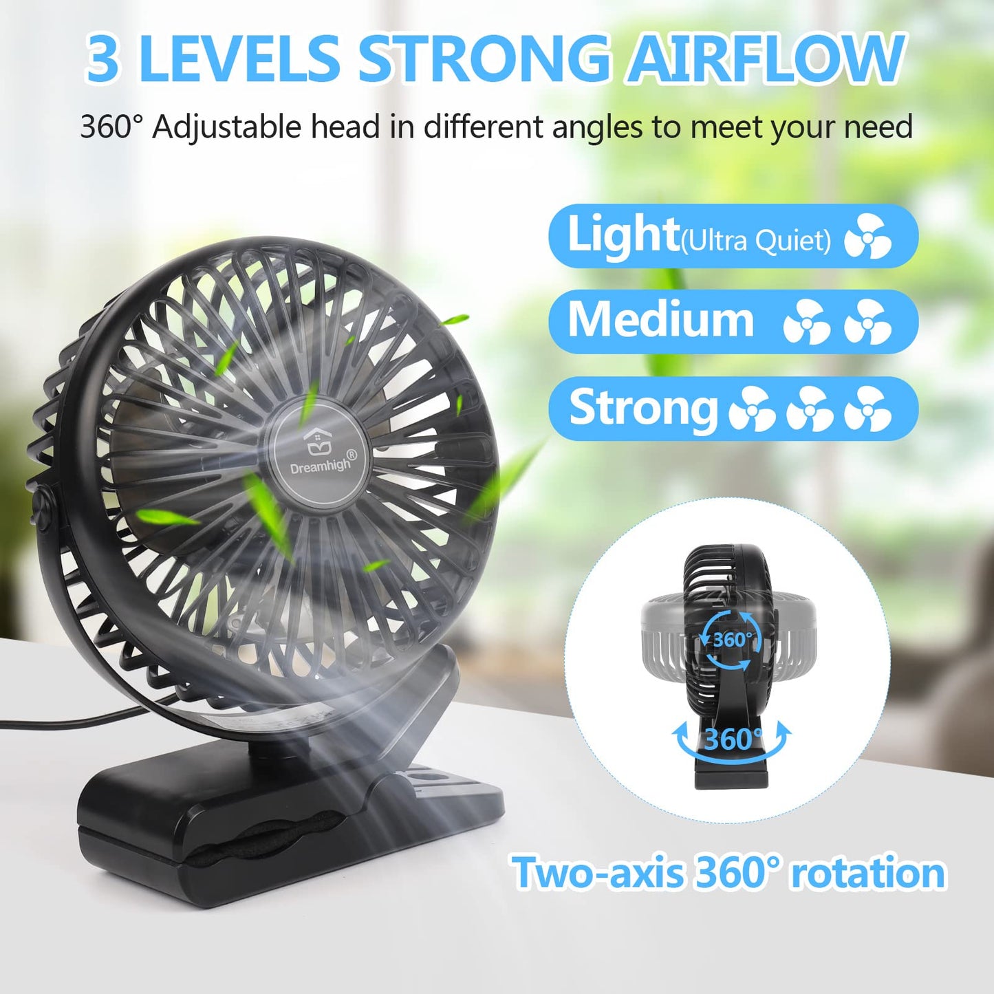 Dreamhigh® Mini USB Fan, 360° Rotatable Portable Clip Fan, 3 Speeds, Quiet Desk Fan for Desktop, Home, and Office, Black (USB Powered)