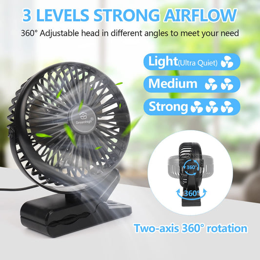Dreamhigh® Mini USB Fan, 360° Rotatable Portable Clip Fan, 3 Speeds, Quiet Desk Fan for Desktop, Home, and Office, Black (USB Powered)
