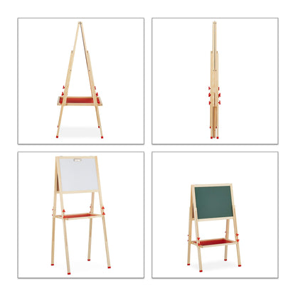 Relaxdays kids' easel, whiteboard and chalkboard, adjustable height, wooden stand, 102-135 x 55 x 52 cm, natural, light brown, white, dark green.