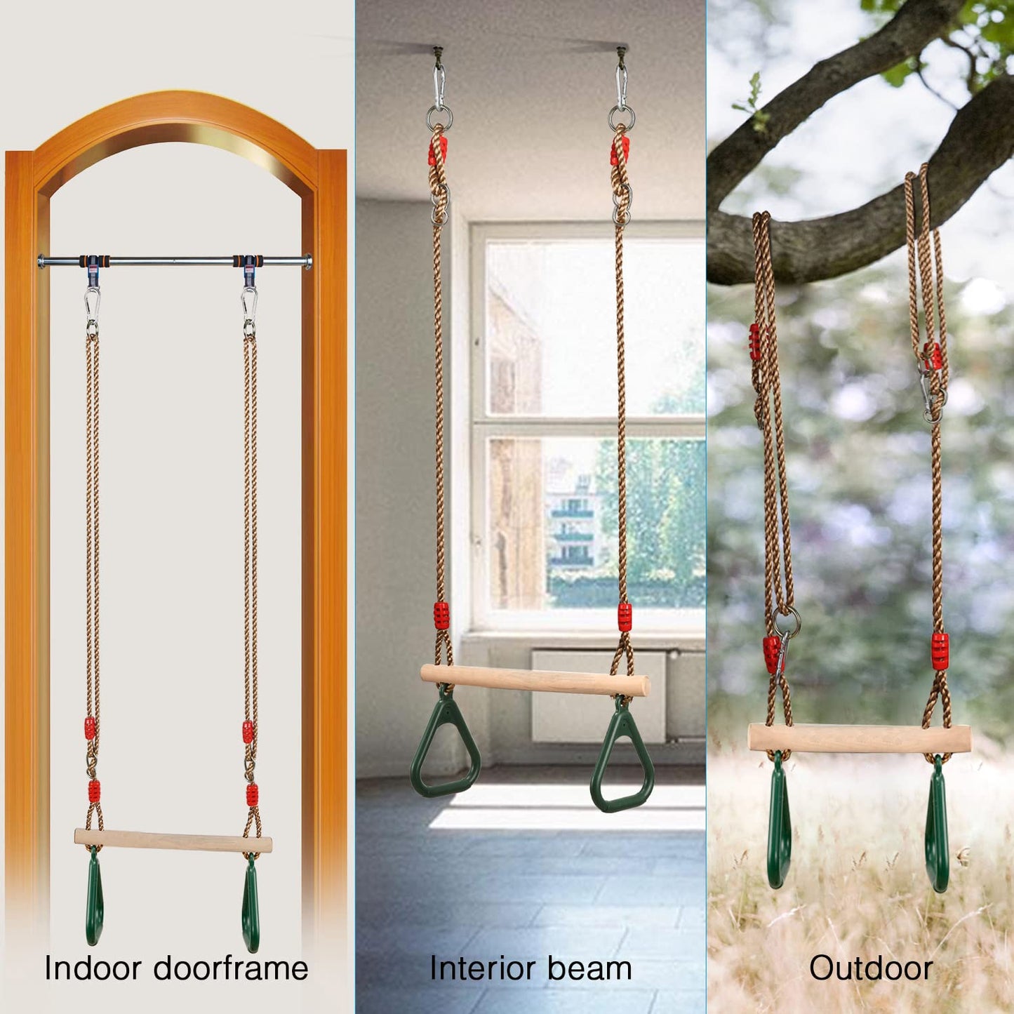 PELLOR Multifunction Kids Wooden Trapeze Swing with Plastic Gymnastic Rings for Hanging, Load Capacity up to 160KG Green