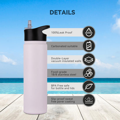 UMBFUN stainless steel water bottle - 750ml - with straw, leak-proof, suitable for carbonated drinks, BPA free thermos bottle (+2 lids) Vacuum double-wall insulation for sports, travel, camping, school, bike, gym.