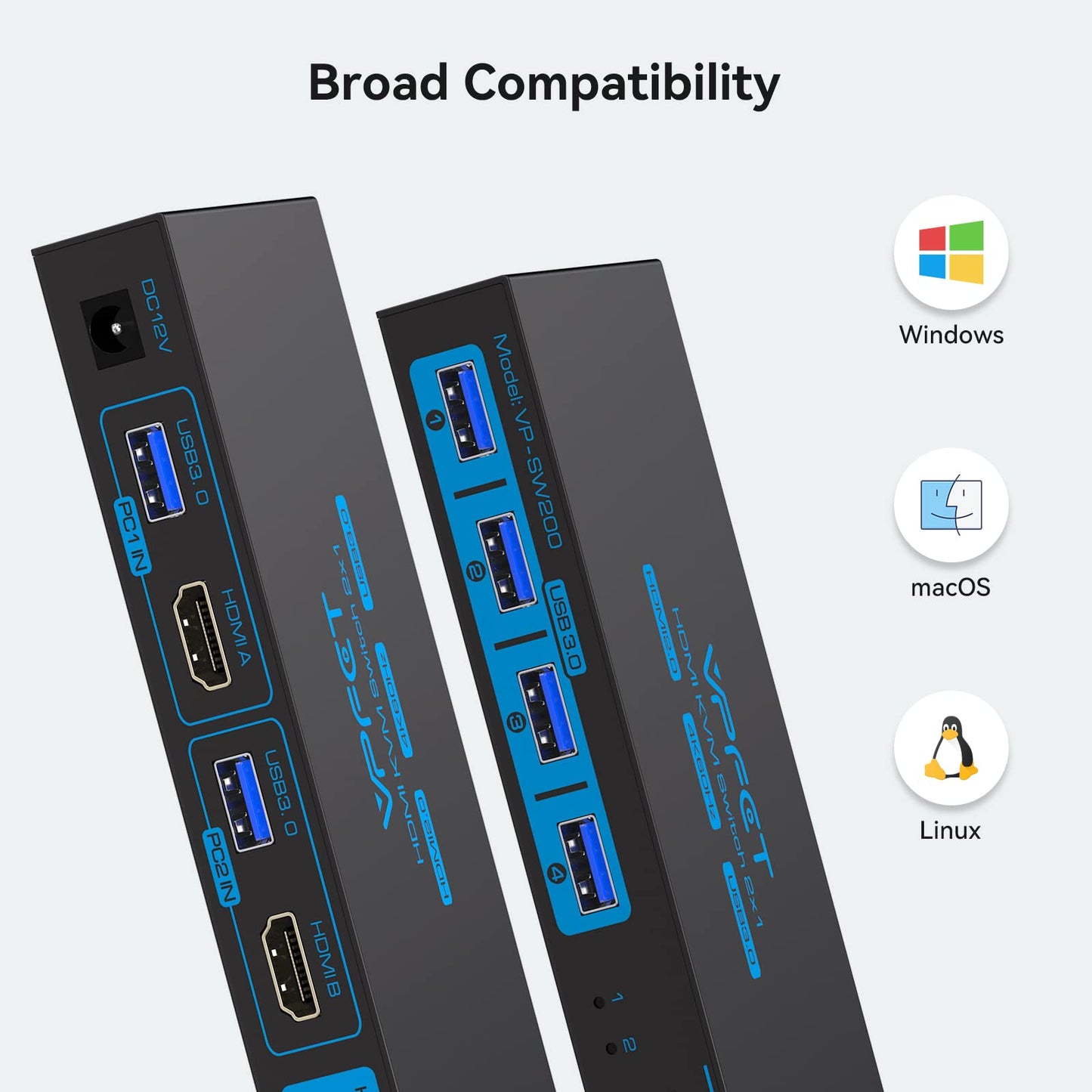 USB 3.0 HDMI KVM Switch 2 PC 1 Monitor 4K60Hz KVM switches for two computers sharing 1 set of mouse, keyboard, U-disk printer, support up to 4 USB devices.