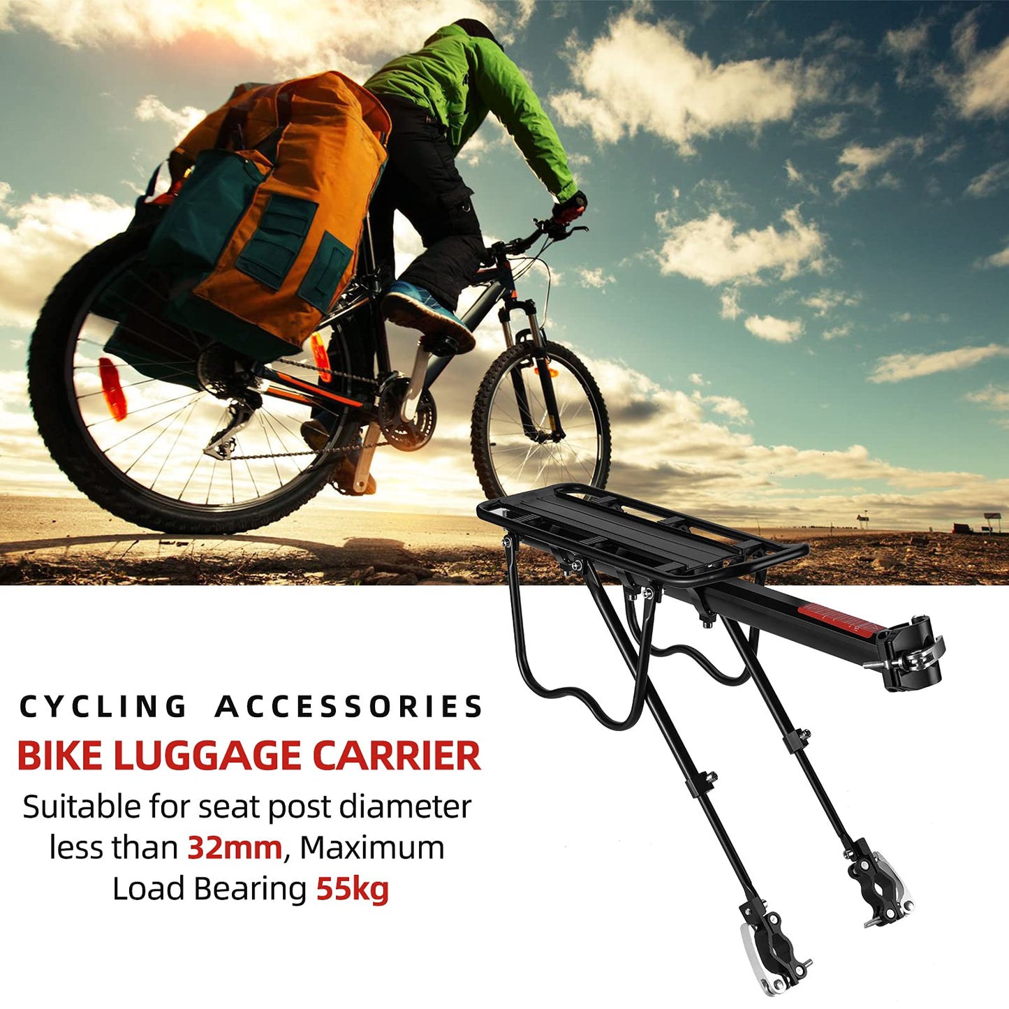 ROCKBROS bike rack for mountain bikes with quick release, reflector, 24-29 inches, with/without fender, aluminum alloy.