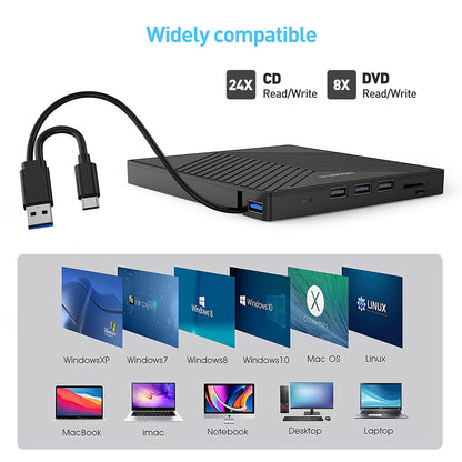 ORIGBELIE External DVD Drive, Ultra Slim CD Burner USB 3.0 with 4 USB Ports and 2 TF/SD Card Slots, Plug-and-Play External CD Drive for Laptop Mac, PC Windows 11/10/8/7, Linux OS
