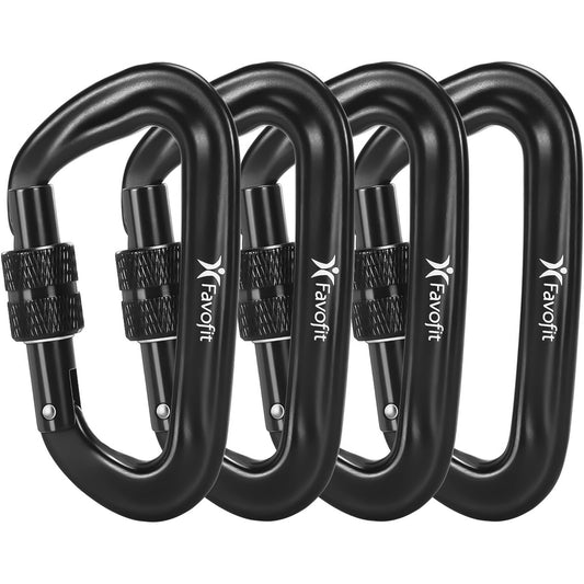Favofit Locking Carabiner Clips, 4 pieces, rated at 12 kN (each 1223 kg), sturdy carabiner hooks for camping, hiking, outdoor & gym etc., small carabiners (Black)