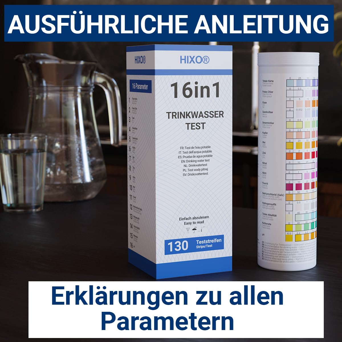 130x 16in1 drinking water test strips in tube | Water analysis for 16 parameters | Ideal water test strips for drinking water, pool, spa & aquarium | Tests water hardness, lead, copper, iron, and more.