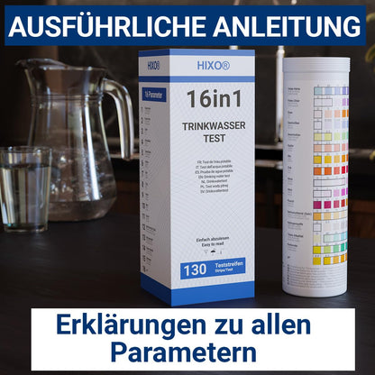 130x 16in1 drinking water test strips in tube | Water analysis for 16 parameters | Ideal water test strips for drinking water, pool, spa & aquarium | Tests water hardness, lead, copper, iron, and more.