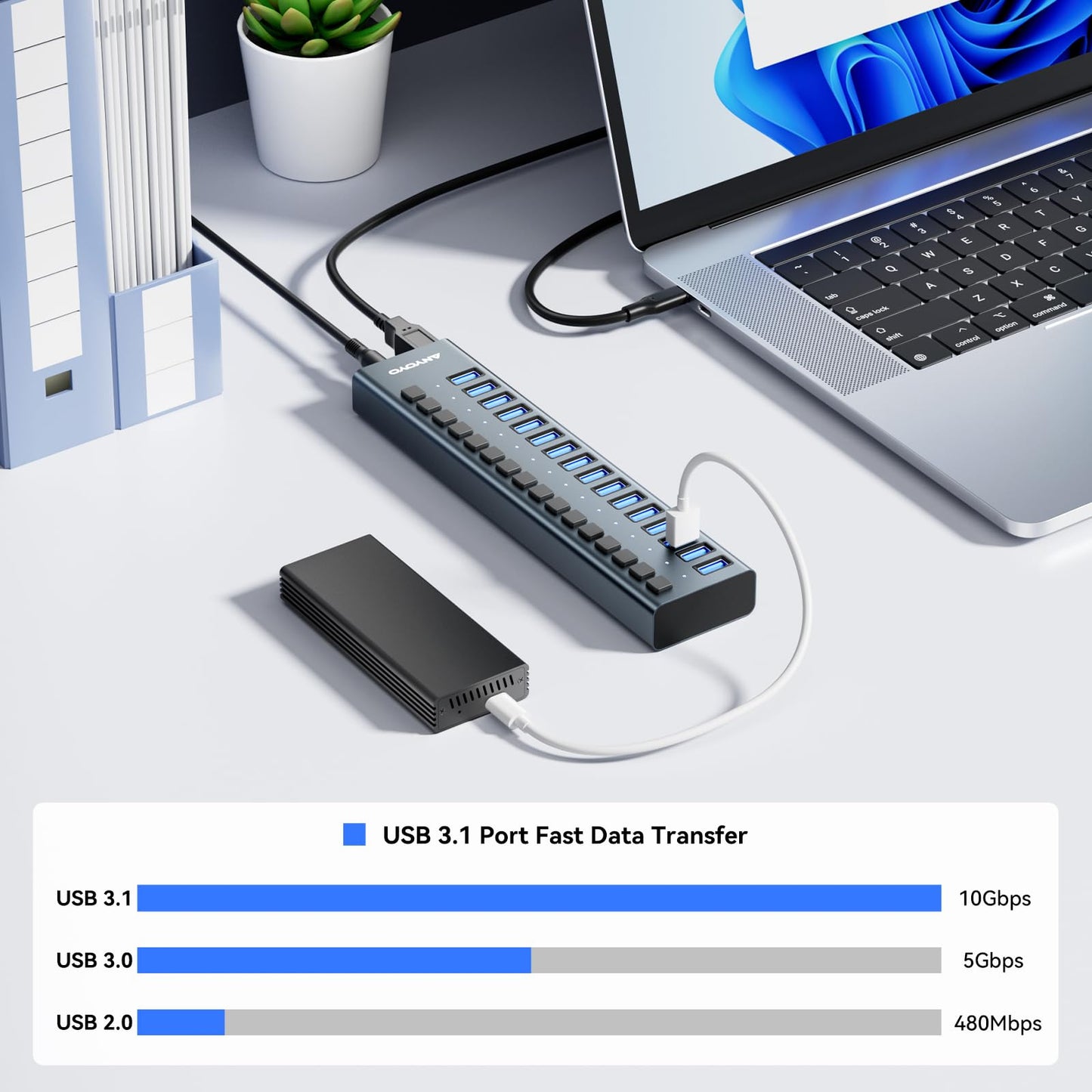 USB Hub 3.1 with 90W power supply, 16 Port USB 3.1 Aluminum Hub Active 3.1 with 12V/7.5A power supply USB hub with power supply for laptop, PC, computer, mobile HDD, flash drive.