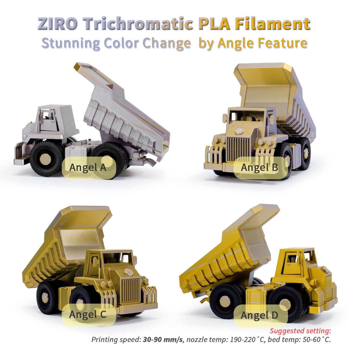 ZIRO PLA Filament Dual Color Coextrusion Silk 3D Printer Filament 1.75mm for 3D Printers & 3D Pens, Multicolor PLA Rainbow Filament, 1kg (2.2lbs), Gold & Silver Color