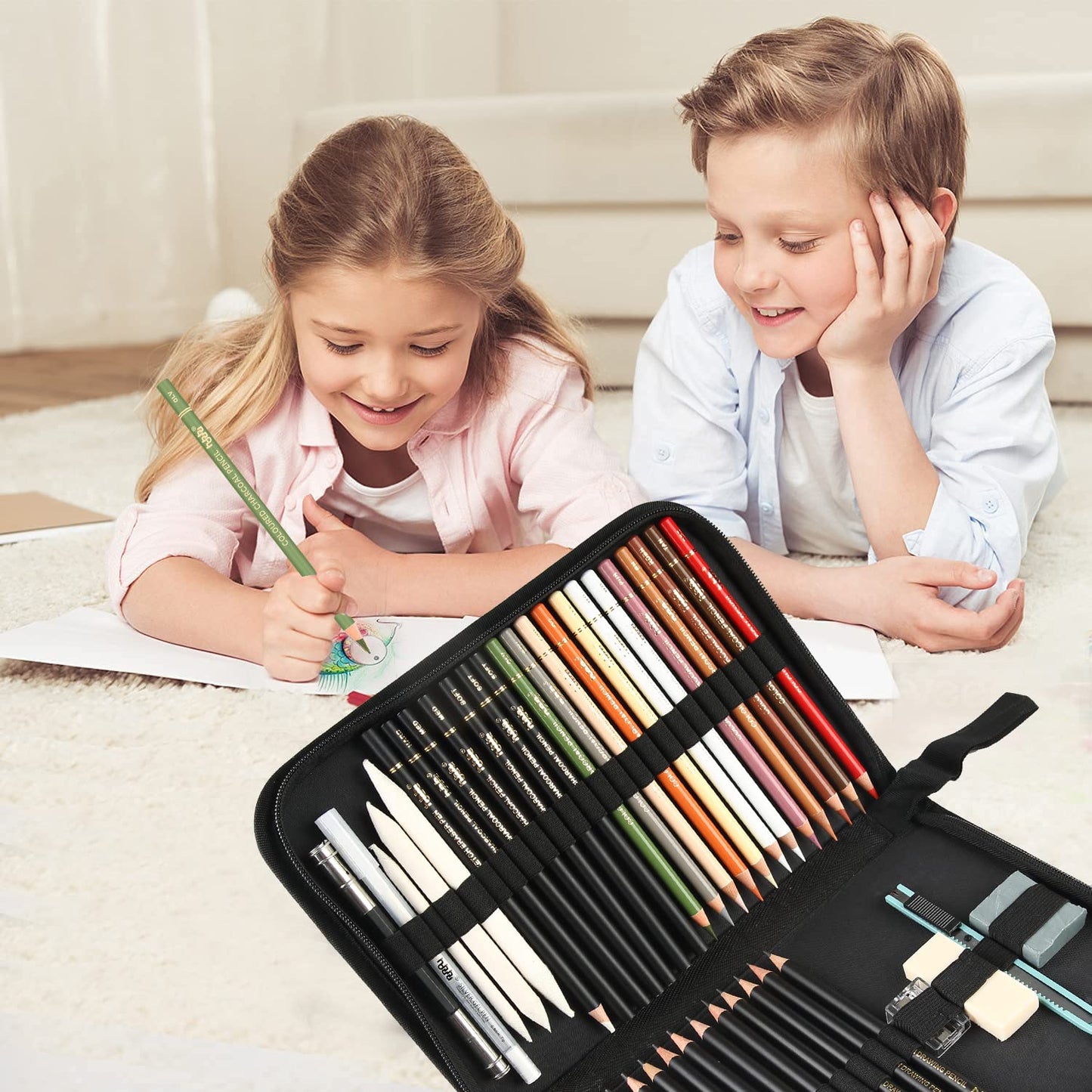 Set of colored charcoal pencils, professional sketching tool with blending stump, kneadable artist eraser, sharpener. For artists, beginners, adults, teenagers. BW-CPS-N01.