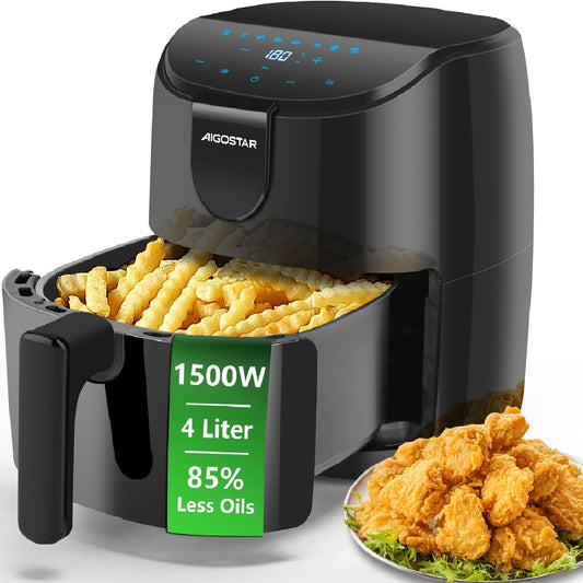 Aigostar Air Fryer 4L, large capacity hot air fryer, oil-free, 8 menu options, LED touchscreen, 1500W, BPA-free.