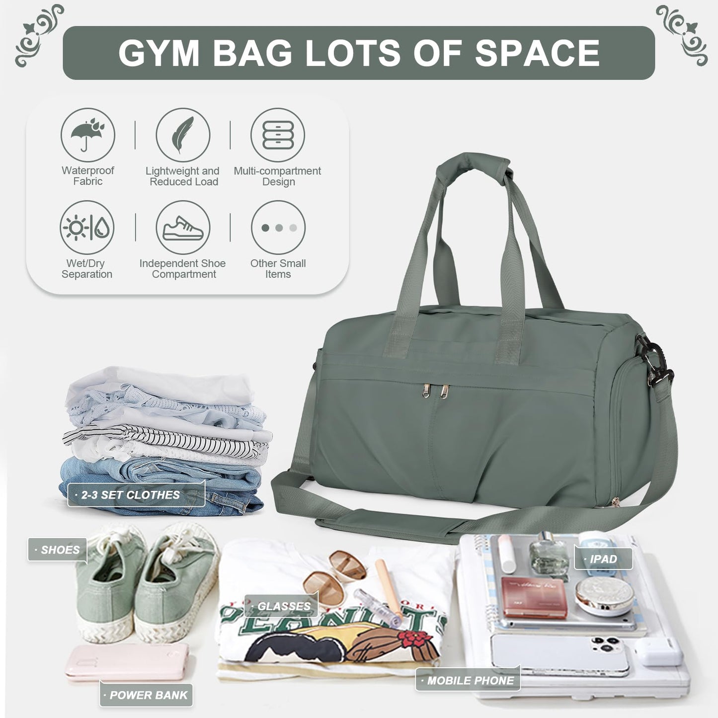 HYC00 Sport Duffel Bag Women's Sports Bag with Shoe Compartment Women's Weekender Travel Bag Carry-on Bag for Airplane Gym Bag Swim Bag Training Bag Overnight Bag, Army Green